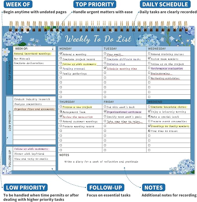 104 Pgs Weekly To Do List Notepad 52 Duplex-Printed Undated Sheets 100 GSM | （8.5"×11") Weekly Desk Planner For Work Home School Office Desk Accessories Supplies & Goal Setting Tasks -Blue Hydrangea