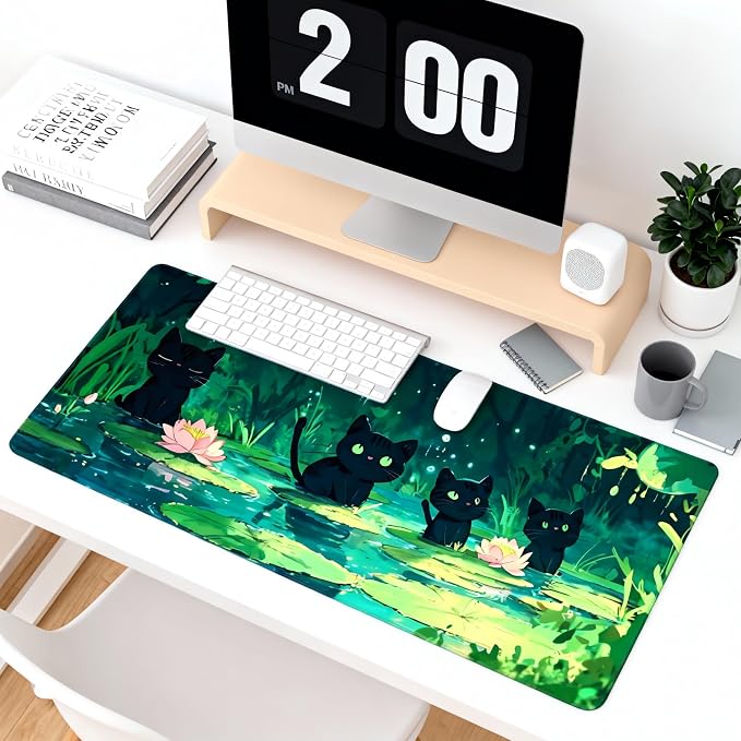 Cute Anime Black Cat Gaming Mouse Pad, Forest Green Anime Desk Mat with Anti-Slip Base & Stitched Edges,35.4" x 15.7" in Desk Accessories for Women, Home Office Decor & Artistic Gift