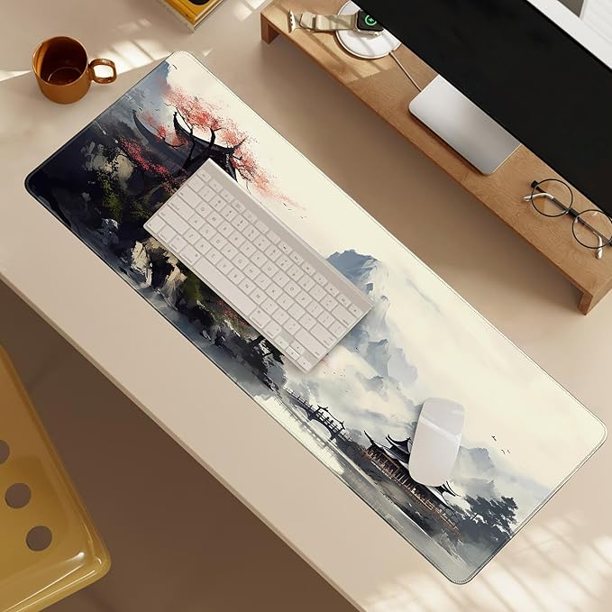 Cherry Blossom in Ink Gaming Mouse Pad 31.5x11.8 Inch White Full Desk Japanese Sakura Mousepad Extended Large Non-Slip Rubber Base Waterproof Big Keyboard Mat with Stitched Edges for Gaming and Office