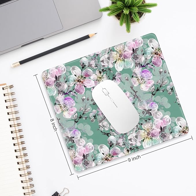 Mouse Pad, Minimalism Marble Style Computer Pad, Anti-Slip Rubber Mouse Mat with Stitched Edges for Gaming, Office, Laptop, PC, Women, 9" x 8" Thick 3 mm, Green Pink Peach Blossom