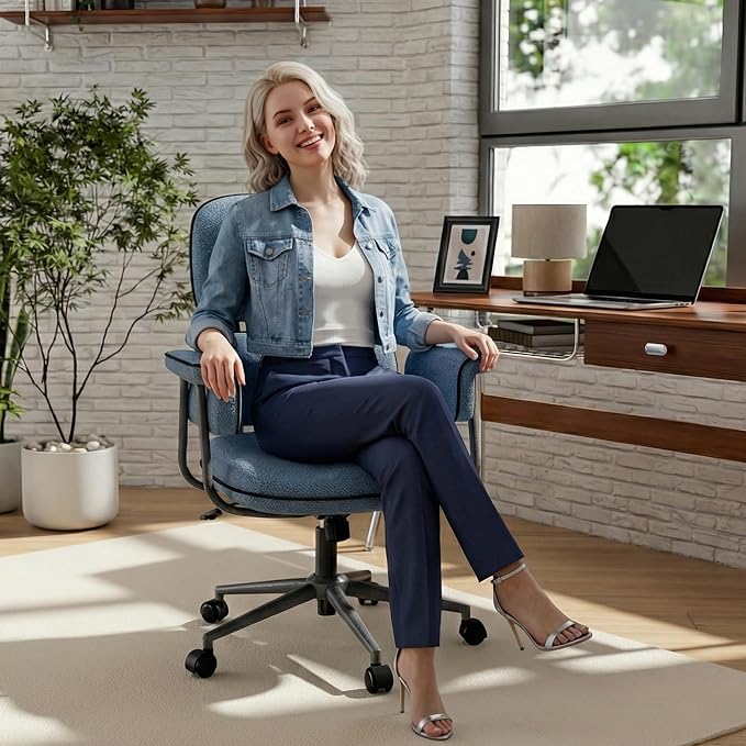 Blue Office Chair, Memory Foam Seat Mid Century Modern Desk Chair | 3.9" Sloped U-Shaped Memory Foam Cushion, Granular Linen Fabric, Lumbar Support, 1.2mm Sturdy Metal Tube, 400LBS Capacity