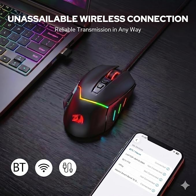 Redragon M690 MAX Wireless RGB Gaming Mouse 12800 DPI Remapping Keys | Cable-Free 0 Delay, Redefine Keybinding Macro, Vibing Backlight, Ergonomic Grip Body Comfort