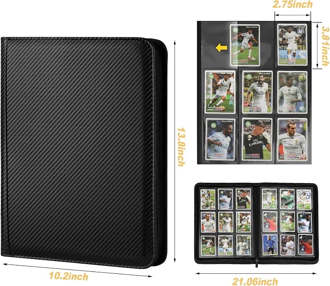 360 Cards Ringless 9-Pocket Side Loading Trading Card Binder, PU Zipper Fixed Page Card Album for TCG Sports Cards, Not Fit Top Loaders (Carbon Black)