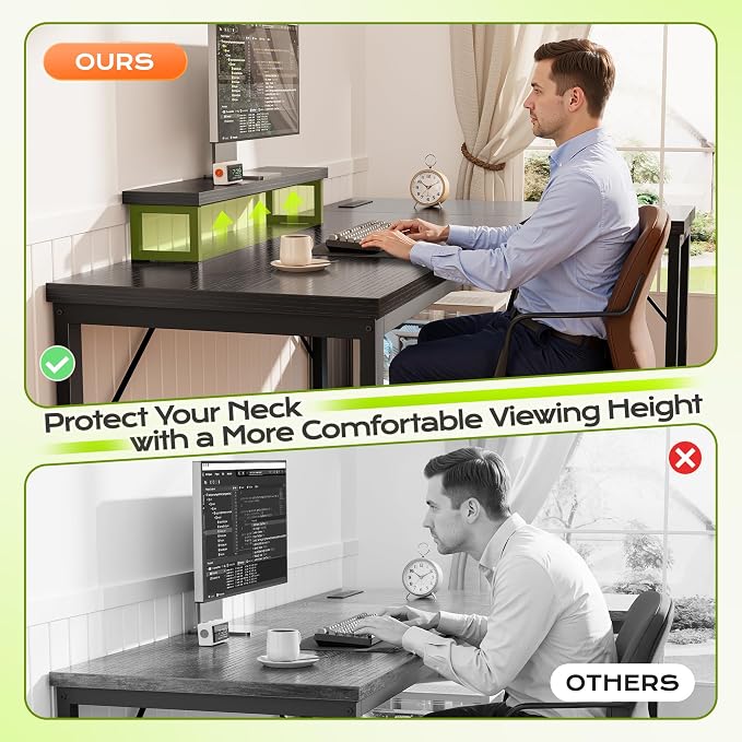 61" L Shaped Computer Desk, Power Outlets, Monitor Stand, Black | USB-C Ports, Reversible Charging Station, Spacious Desktop & Legroom, 0.94 Inch Thick Desktop, for Gaming, Study & Work