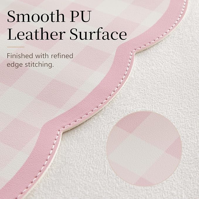 Ohocut Scalloped Gingham Checkered Desk Pad，Pink：31.5" x 15.7" | Large, Premium Faux Leather, Anti-slip Bottom, Water Repellent, Easy to Clean, Aesthetic Trendy Design
