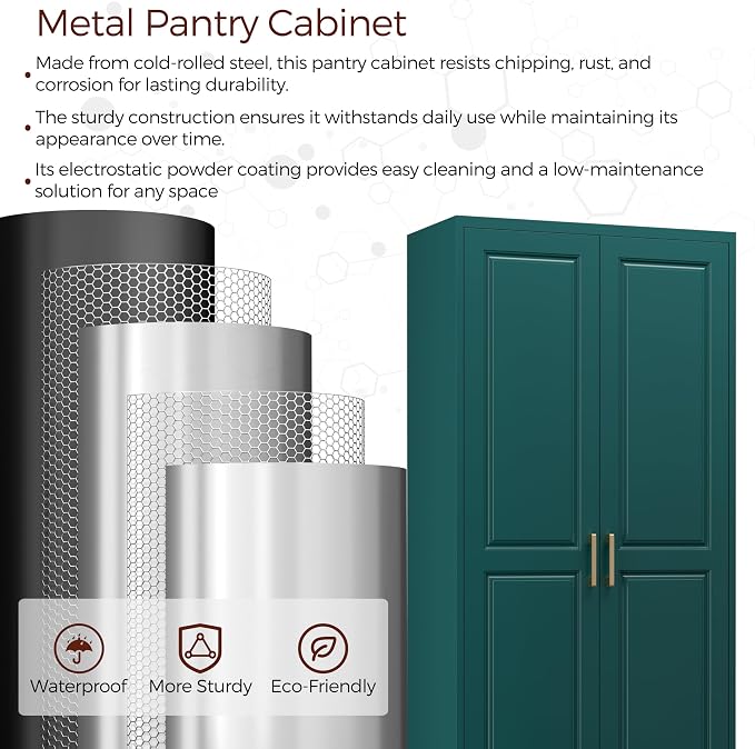75" Kitchen Pantry Cabinet, Metal Storage Cabinets with 2 Doors | Kitchen Cabinet with 4 Adjustable Shelves, Tall Food Pantry Storage Cabinet, Cupboard for Kitchen, Dining Room, Living Room