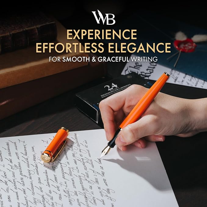 Wordsworth & Black Luxury Fountain Pen Set for Writing, Medium Nib, Orange | Gift for Men & Women, Brass Body, 18K German Iridium, Calligraphy, Converter + 24 Ink Cartridges, Refillable, Leak-Free