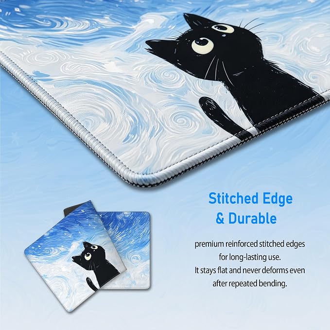 Starry Night Cat Mouse Pad,Cute Van Gogh Inspired Desk Mat,31.5x12in | Large Blue White Kawaii Black Kitty Gaming Mousepad,Nebula Sky Anime Aesthetic Desk Decor Keyboard Mat,80 x 30 cm