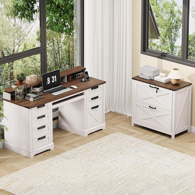 Halitaa Farmhouse Lateral File Cabinet with 2 Drawers, White and Brown | Lateral Filing Cabinet with Lock for Letter/A4/Legal Size, Large Wood File Storage Cabinet Printer Stand for Home Office