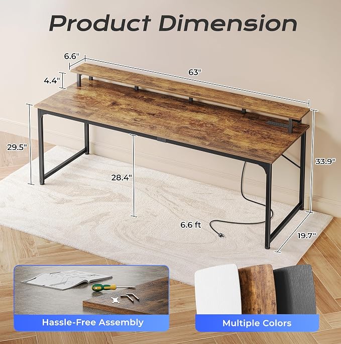 63 inch Gaming Desk, LED & Outlets, Monitor Stand, Rustic Brown | Sturdy PC Desk for Home Office, Study & Work, LED Lights, 4 AC Outlets & USB-C Charging Station