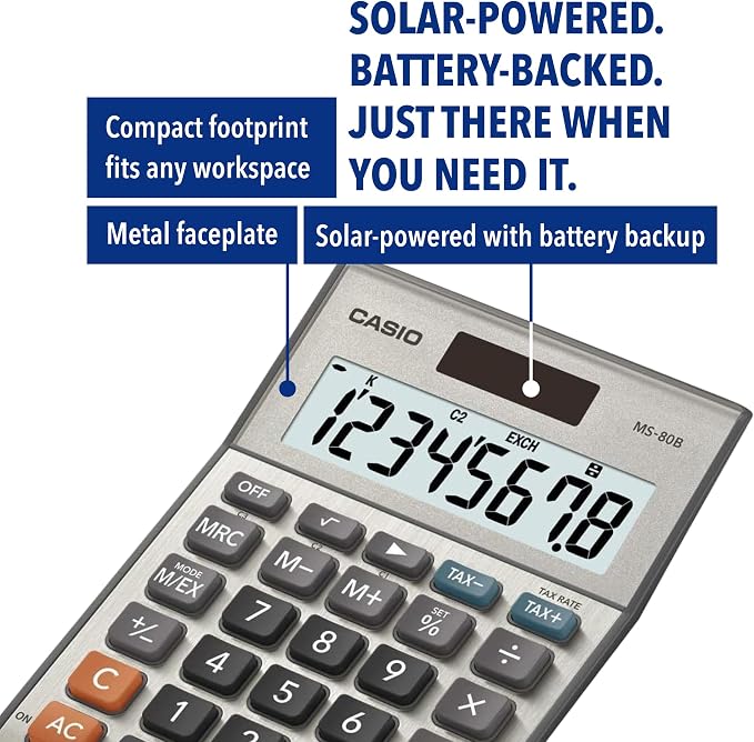 Casio MS-80B Desktop Calculator, Tax & Currency Tools | General purpose calculator with large display; ideal for home, office & everyday math