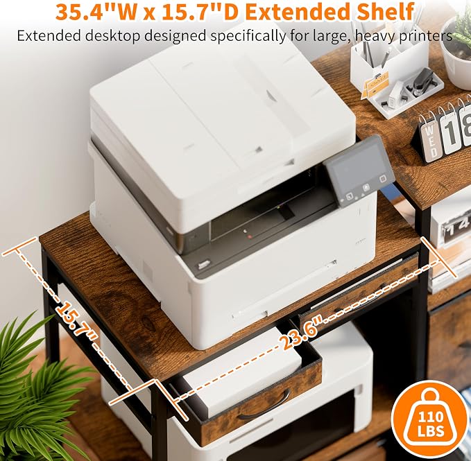 JUSTOGO Printer Stand with 4 Drawer, Extra Large File Cabinet | Extended Shelf for Large Printer, Holds 2 Large Printer, 5 Tier Open Storage, Filing Cabinet for Home Office, Printer Table