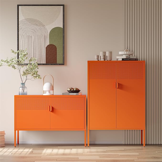 COFaR Orange Metal Storage Cabinet, 47”H Vibrant Coffee Bar & Buffet Sideboard with Adjustable Shelves, Fun Kitchen Organizer, Ventilated Steel Cabinet with Magnetic Doors for Dining Room, Office