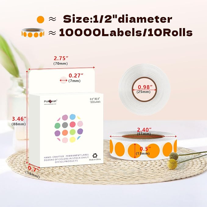 PARLAIM 10000PCS 1/2 Inch Round Color-Code Dot Stickers,Circle Colorful Coding Label Sticker for Home Office(Orange)