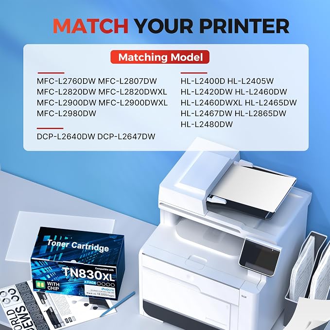 TN830XL TN830 Compatible for Brother TN830XL Toner Cartridge TN830XL TN830 | Toner to use with Brother DCP-L2640DW HL-L2460DW HL-L2480DW HL-L2400D HL-L2405W MFC-L2820DWXL MFC-L2820DW Printer (2 Black)