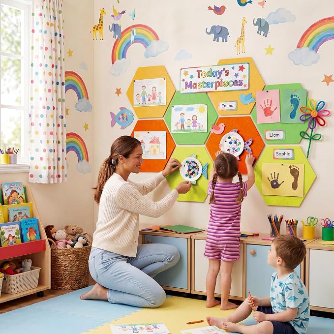8-Pack Hexagon Felt Bulletin Board Tiles, Cork Board Alternative | For students and teachers creating vision boards in homes, offices, dorms or classrooms; includes 30 push pins.