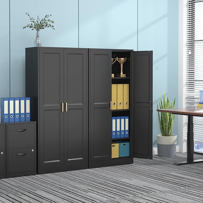 60" Tall Kitchen Pantry Cabinet, Metal Storage Cabinet with Doors | Kitchen Cabinet with 4 Adjustable Shelves, Tall Food Pantry Cabinet, Black Cupboard for Kitchen, Dining Room, Garage & Office