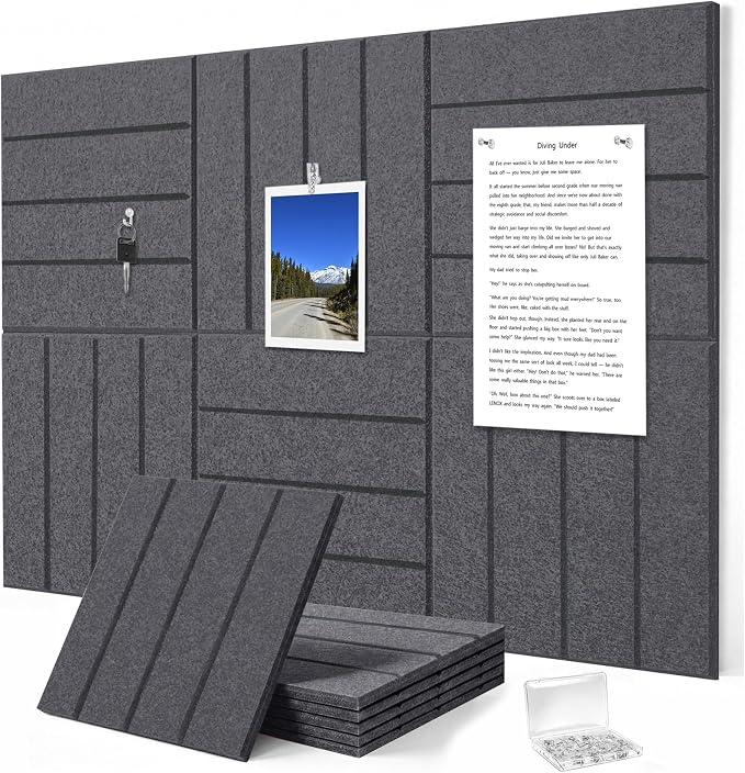 0.47" Thick Felt Wall Tiles 36"x24" Cork Board Alternative 6 Pack 11.81"x11.81"Felt Bulletin Board Pin Board with Removable Adhesive tape&30 Pushpins for Home Office School(Bold-Charcoal Grey)