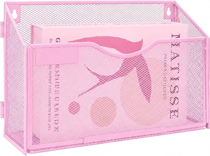 1 Pocket Mesh Wall File Holder Organizer Office Hanging File Folder Magazine Rack, Nametag Label Hooks Set Included (Pink)