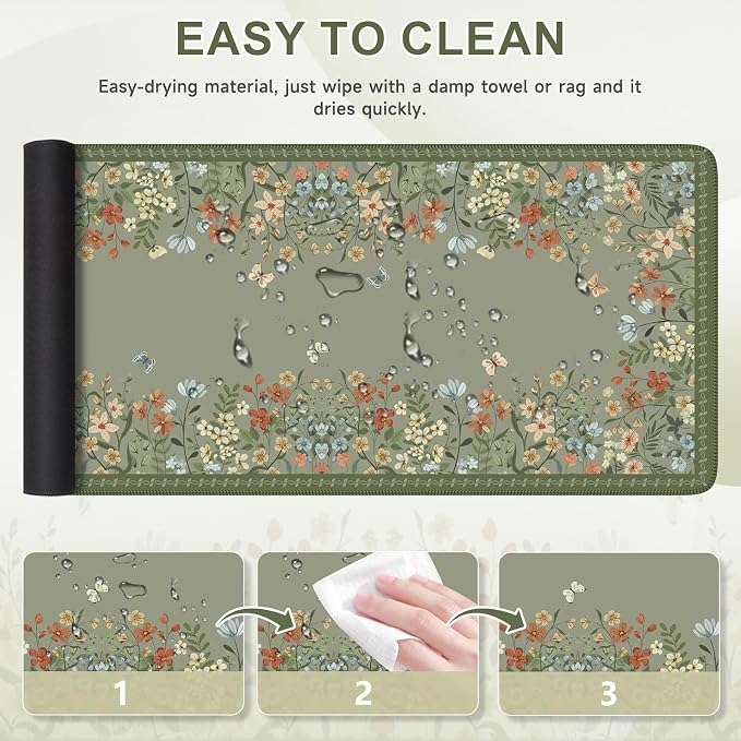 iCasso Desk Mat for Keyboard and Mouse,Cute Desk Pad,Sage Green | Large Non-Slip Keyboard Mat with Stitched Edges,Floral Mousepad for Women,Girly Computer Mat for Home Office