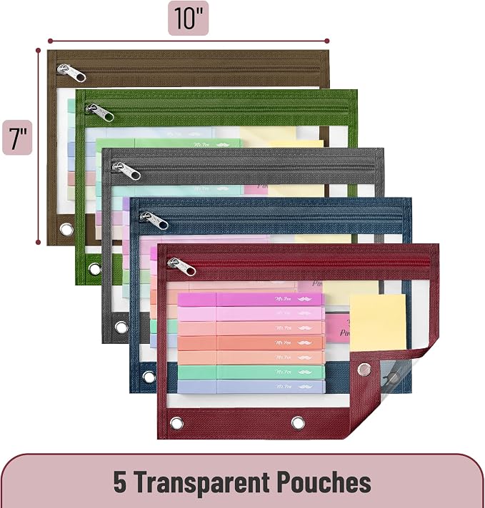 Mr. Pen- Pencil Pouch for 3 Ring Binder, 5 Pack, 10"x7", Smooth Zipper | Clear Window, Large Capacity Pencil Case with 3 Reinforced Grommets for School, Office, Supplies Storage | Clear Window, Large Capacity Pencil Case with 3 Reinforced Grommets for ...