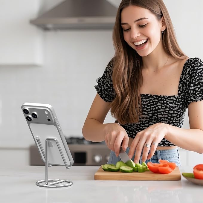 Metal Cell Phone Stand for Desk, Cute One-Piece Phone Holder, Stable Desktop Display Dock for iPhone, iPad, Samsung, Tablets & All Mobile Phones, Silver