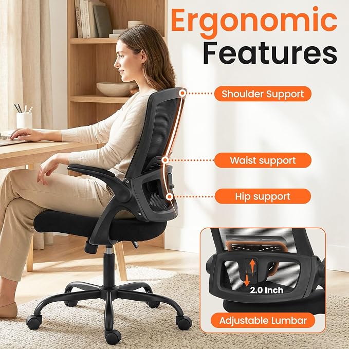 NEO CHAIR Office Desk Mesh Chair with Adjustable Ergonomic Lumbar, Black | Breathable Mesh Back Support with Flip-Up Armrests and Wide Seat Cushion for Comfortable Home Office Work and Gaming Setup