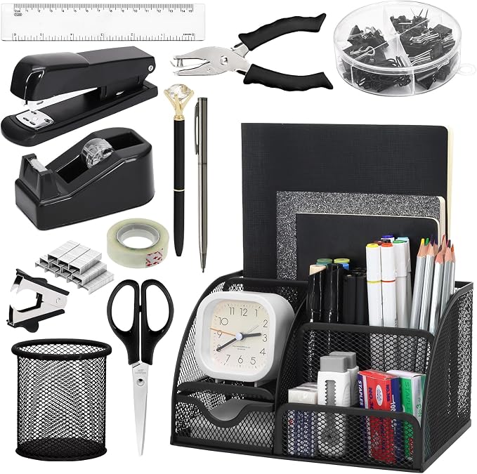 13-in-1 Office Desk Organizer Set for Back to School Supplies Accessories | Organizer Set with Stapler and Tape Dispenser, Pen Holder, Scissors, Ruler, Hole Punch, 2 Pens & More Desk Supplies