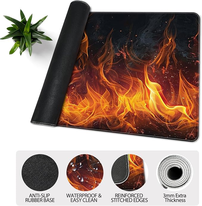 35.4 x 15.7 in, XXL Large Mouse Pad for Desk, Extended Keyboard Mouse Mat for Computer Office, Big Mousepad with Stitched Edges, Gaming Pc-Flame on Black