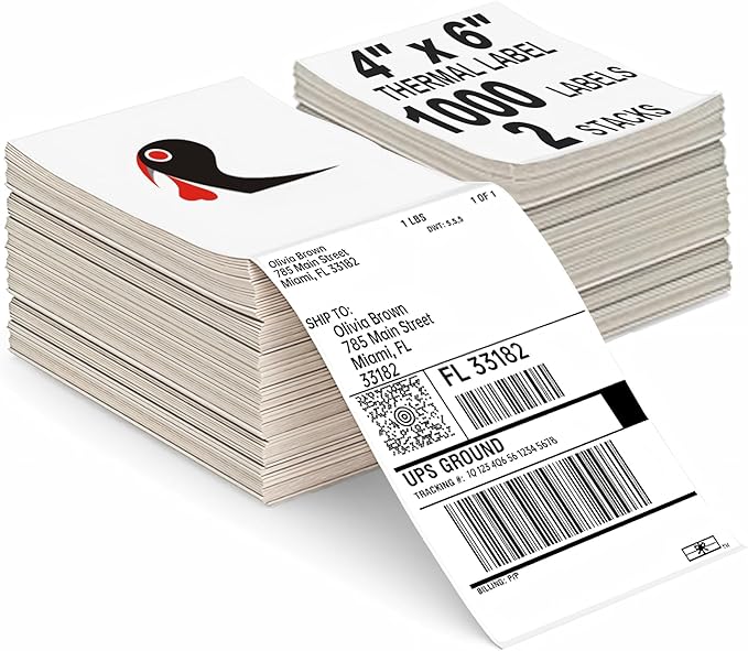 1000 4x6 Thermal Labels 500/Stack, HUOJI Shipping Thermal Labels 4x6 Fanfold Compatible with Rollo, Zebra, MUNBYN Printers (Commercial Grade)