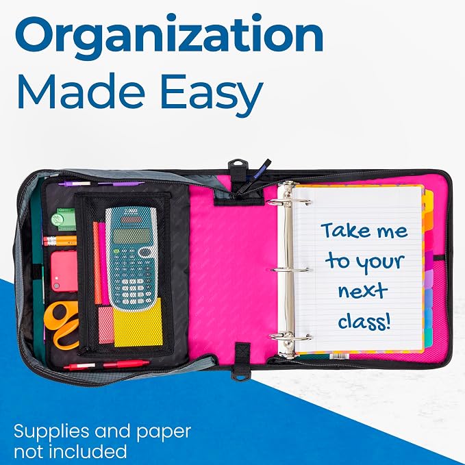 Case-it School Zipper Binder | 3-Inch O-Rings | 600-Sheet | D-146 Magenta | Mighty Zip Tab, 5-Subject Expanding File Folder, Multiple Pockets, Storage Organizer, Shoulder Strap, 6-Pack, Office