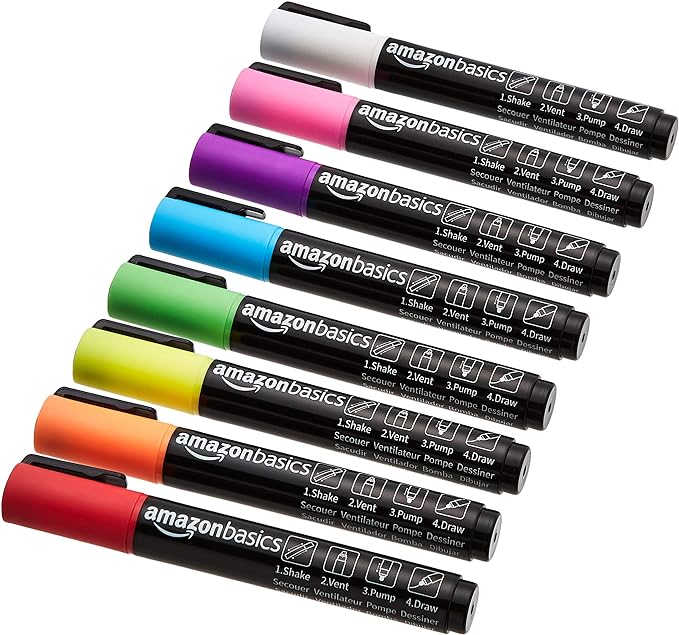 Amazon Basics Bullet/Chisel Reversible Tip Liquid Chalk Markers, Erasable, Washable, Water-Based, Bold Point, 8-Pack, Bright Colors