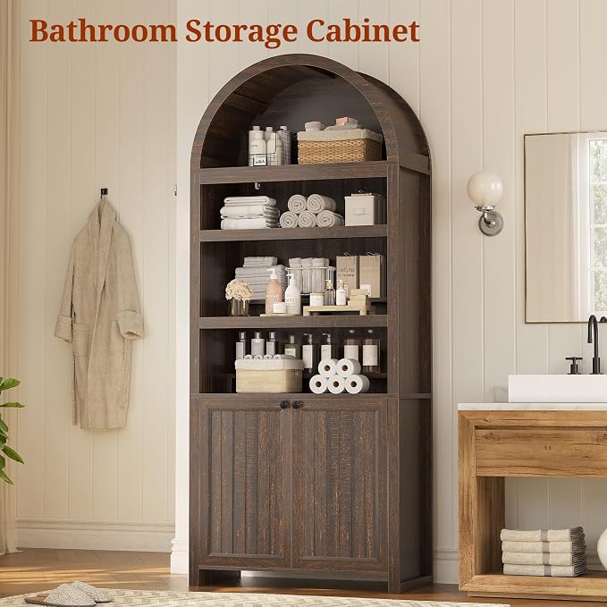 81" Tall Arched Cabinets,Bookcase with storage,Mid-Century Modern 6-Tier Bookshelf with Door,2 Book Risers and Adjustable Shelves offering more storage space for Living Room,Kitchen,Home Office,Walnut