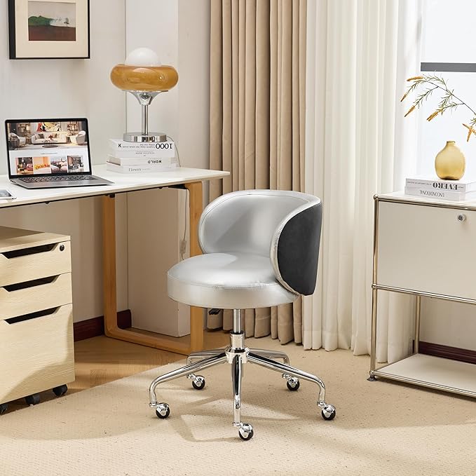 VINGLI Cute Small Swivel Desk Chair Comfy with Wheels,Ergonomic Low-Back Lumbar Support Vanity Nail Tech Rolling Task Stool Chair for Home Office,Height Adjustable,PU Leather Silver&Suede Black