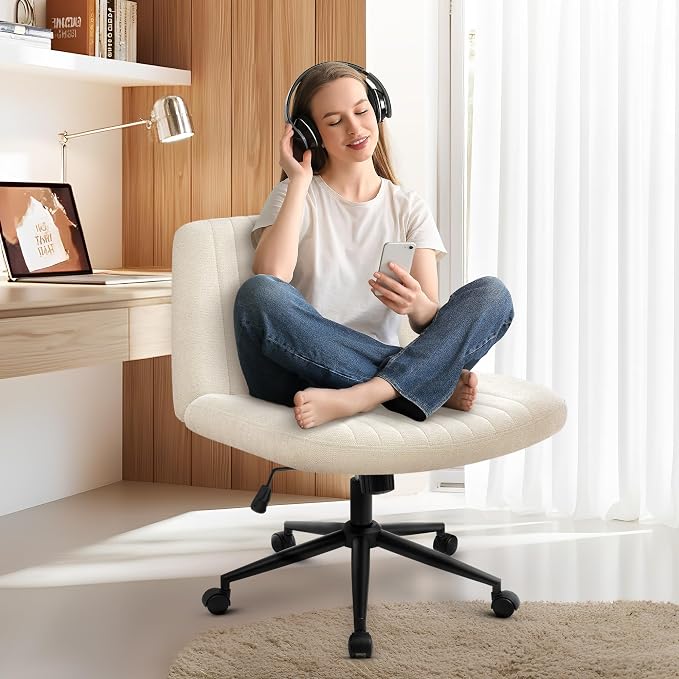 NEO CHAIR Criss Cross Chair with Wheels Armless Cross Legged Office Desk Wide Comfy Vanity Makeup Chair Adjustable Swivel Rolling Computer for Home Office Fabric (Beige) | Cross-Legged Friendly Design, Dual Base with Wheels or Pads, 360° Swivel & Heigh...