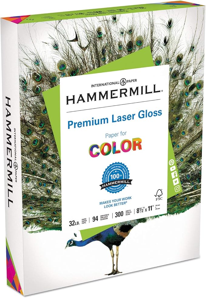 Hammermill Glossy Paper, Laser Gloss Copy Paper, 8.5 x 11-1 Pack (300 Sheets) - 94 Bright, Made in the USA Glossy Printer Paper, 163110R