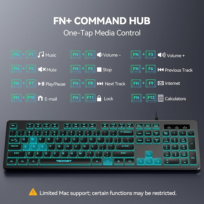 TECKNET Wired Keyboard, Silent Typing, Full-Size Layout,RGB Backlit | Spill-Resistant Design, USB-A Plug & Play, Slim Membrane Keys, Office Ready, PC, Laptop & Mac Compatible