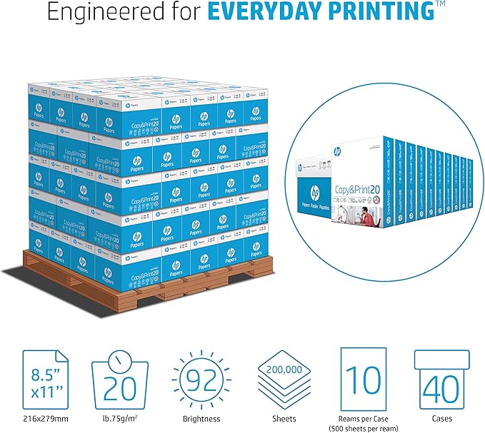 HP Printer Paper | 8.5 x 11 Paper | Copy &Print 20 lb | 1 Pallet - 40 Case - 200,000 Sheets | 92 Bright | FSC Certified | 200060P