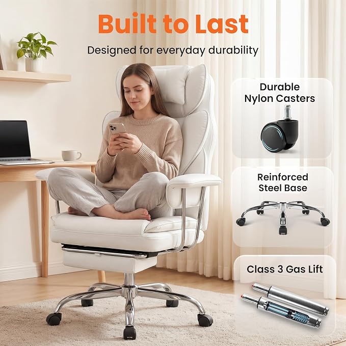 NEO CHAIR Big & Tall Leather Office Chair, High Back, Lumbar Support, White | Gaming Chair for Adults and Computer Use, Reclining Office Chair with Foot Rest, Massage, Comfy Design and Heavy Duty Support