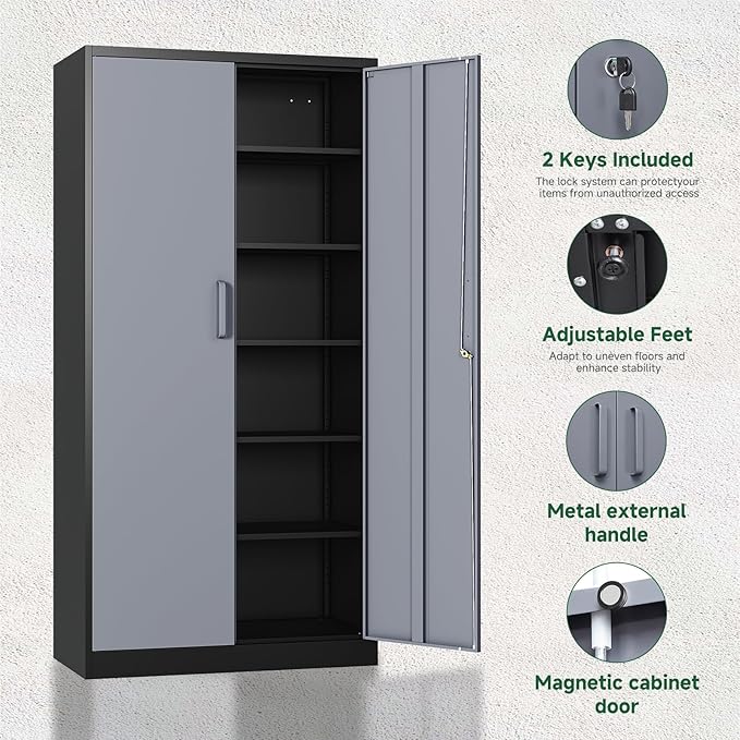 Metal Storage Cabinet with Lock Door and 5 Shelves,6 Tier Steel Garage Tool Cabinet for Home Office Utility Room 72" H X 36" W X18 D (Black Gray)