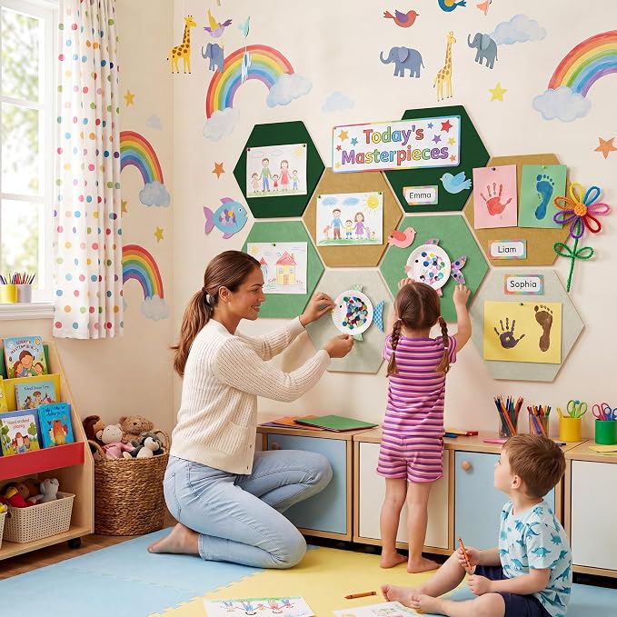 8-Pack Hexagon Felt Bulletin Board Tiles, Cork Board Alternative | For students and teachers creating vision boards in homes, offices, dorms or classrooms; includes 30 push pins.