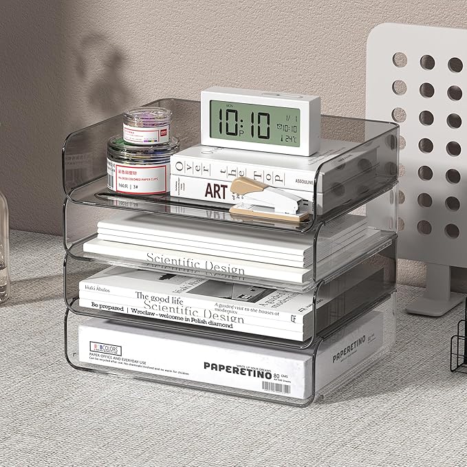 4-Tier Horizontal Acrylic Paper Tray Organizer | Clear Stackable Desk Organizer for Documents, Letters, A4 Paper | Modern Office/Classroom/Home Organization,Clear&Brown