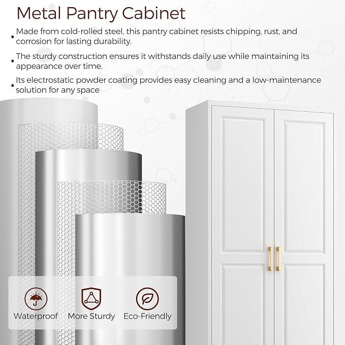 75" Kitchen Pantry Cabinet, Metal Storage Cabinets with 2 Doors | Kitchen Cabinet with Drawer & 3 Adjustable Shelves, Tall Food Pantry Cabinet, Cupboard for Kitchen, Dining Room, Living Room