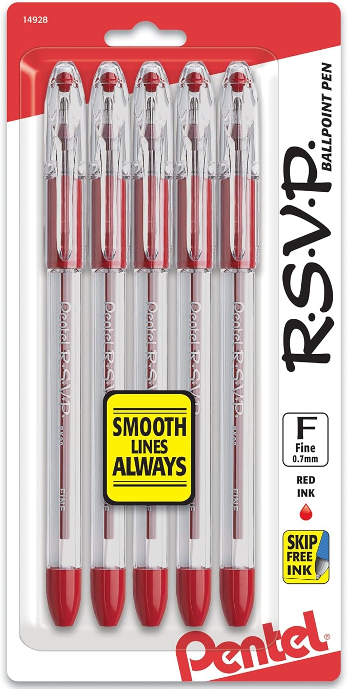 Pentel RSVP Ballpoint Pen, Fine Line, (0.7mm), Red Ink (BK90BP5B) (Pack of 1, 5 Count Total)