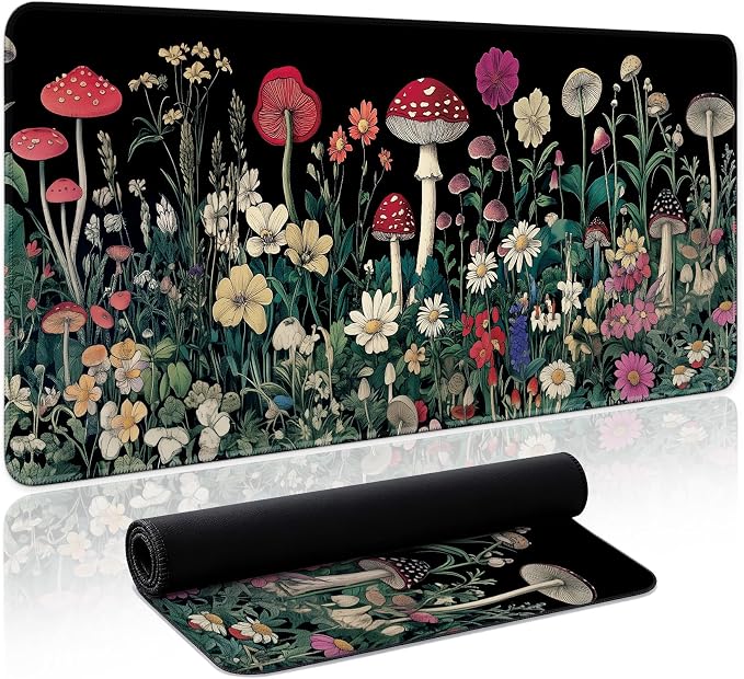 Aesthetic Desk Mat, Cute Woodland Mushroom Desk Pad Protector for Work & Decor, 35.4" x 15.7", Pretty Non-Slip Extended Mouse Pad for Office or Home