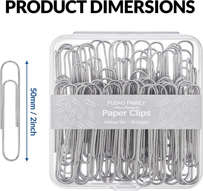 FUDAO FAMILY Large Paper Clips, 2 inch Jumbo Paperclips, 210 Count (3 Pack of 70), Silver