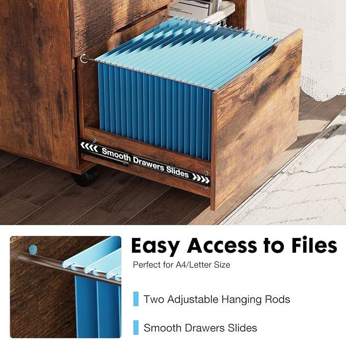 OLIXIS 3 Drawer Lateral File Cabinet, Rolling Printer Stand with Storage | Mobile Filing Cabinet Fits Under Desks, Holds A4/letter Files with Hanging Frame and Lockable Wheels, Brown