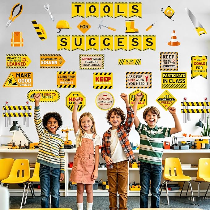 42Pcs Construction Bulletin Board Decorations Set, Tools for Success Classroom Bulletin Board Decor, Construction Theme Cutouts Decor for Classroom Office Back to School Birthday Party Wall Door