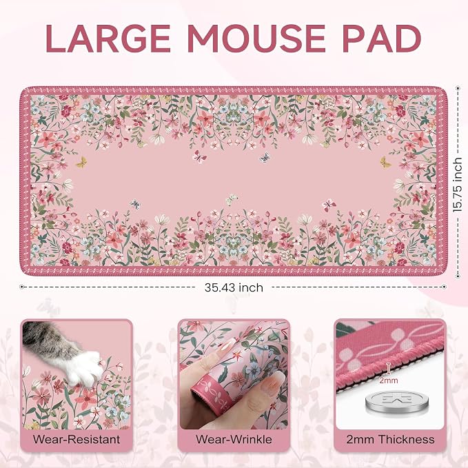 iCasso Desk Mat Pink,Long Mouse Pad with Stitched Edges | Non Slip Computer Pad for Women,Cute Aesthetic Keyboard Mat for Desktop,Large Desk Cover Work Home School