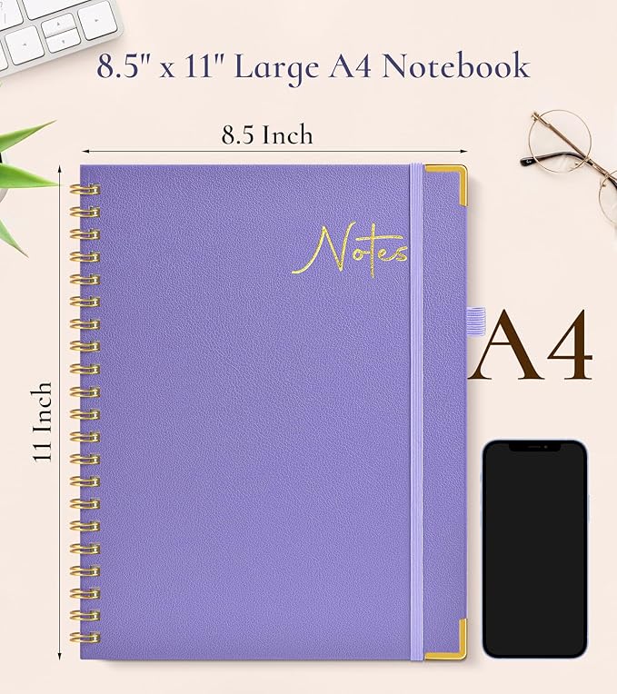 Hardcover Spiral Notebook Journal 8.5” x 11”, A4 Large Leather Notebooks for Women Men, Lined College Ruled Notebook, 100 GSM Paper, Spiral Bound Journals for Work School Note Taking Business, Purple